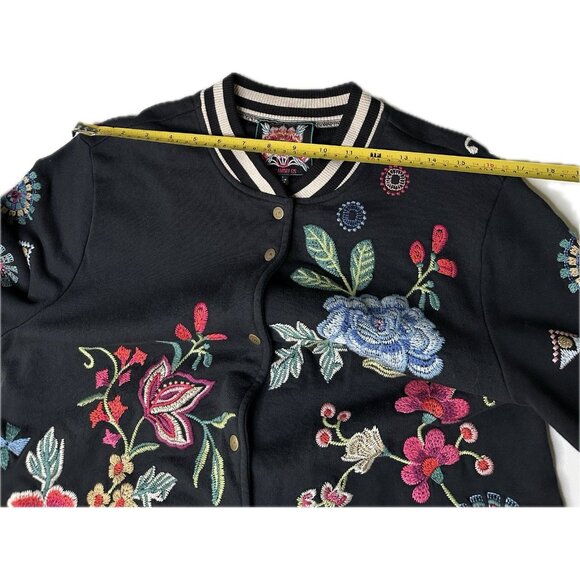JOHNNY WAS Black French Terry Bomber Jacket Embroidered Boho Small Boho - Picture 7 of 10